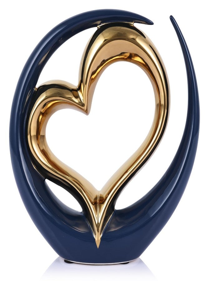 oliruim Ceramic Heart Decor Love Statue, Navy Blue Gold Double Hearts Sculptures for Home Table Centerpiece Decor, Valentine, Wedding, Decorative Items for Shelves, Coffee Table Decor (Hug Heart-Round) - Image 1